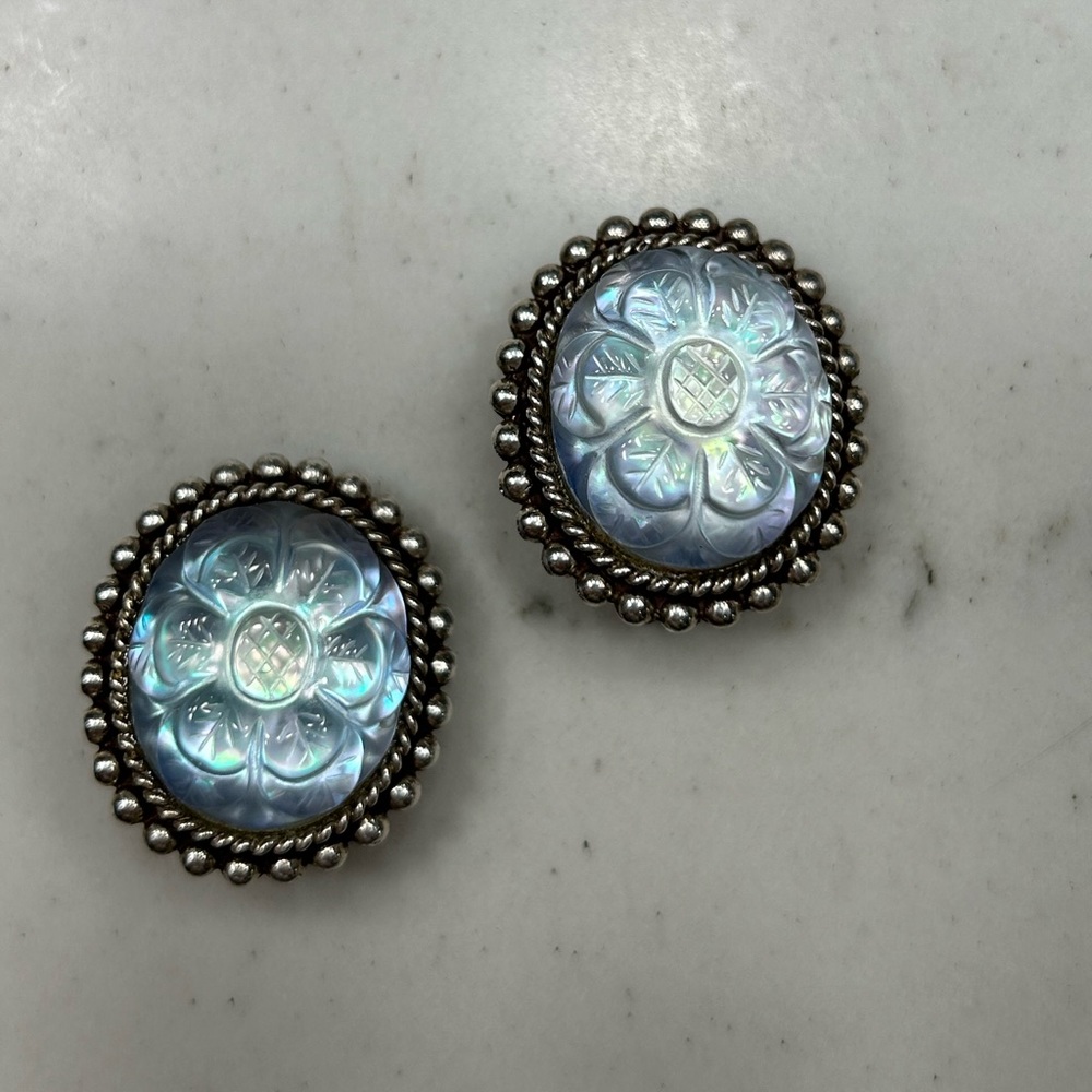 Stephen Dweck Carved Blue Stone Sterling Silver Clip on Earrings